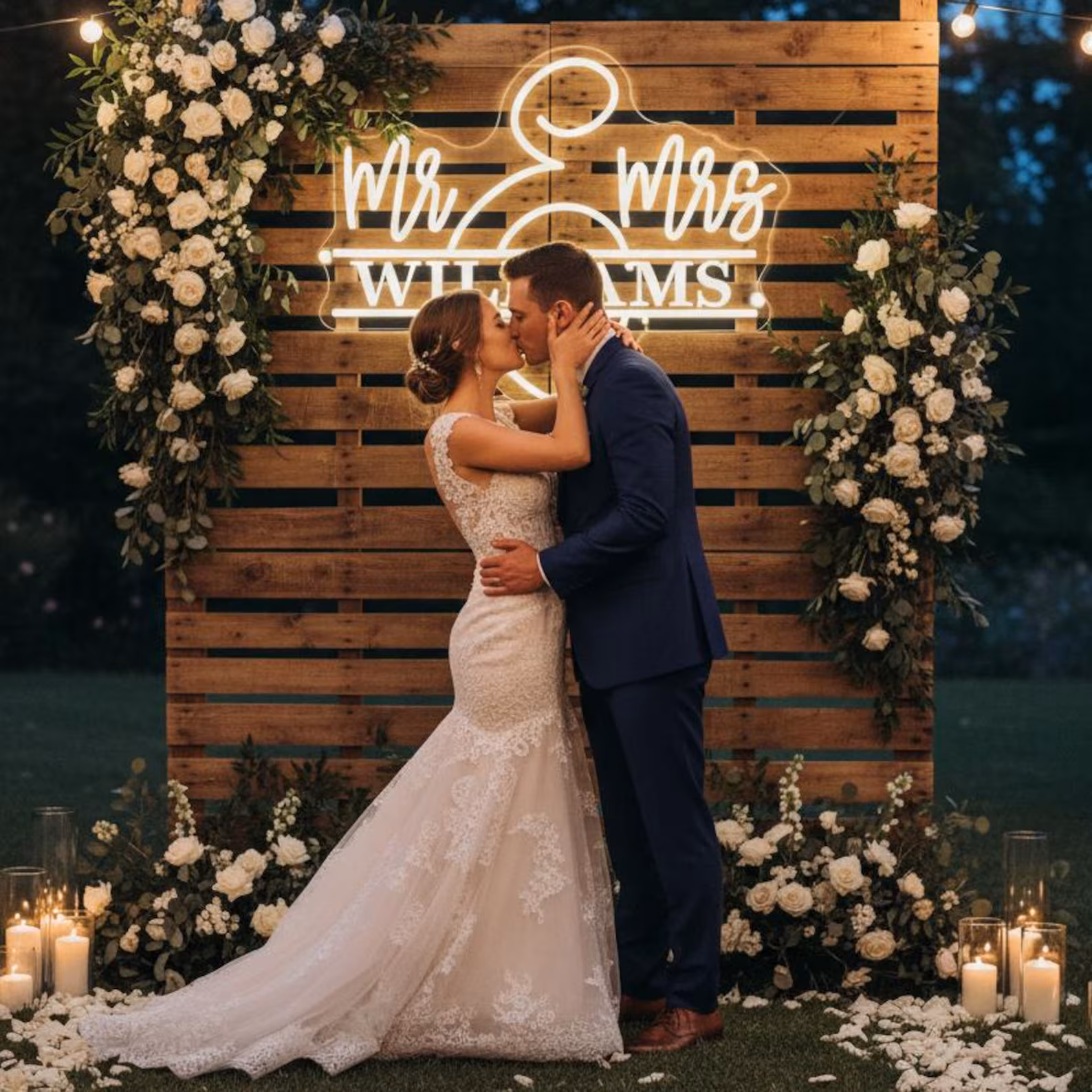 Handcrafted LED neon wedding sign by Say It Bright Personalised wedding neon sign glowing warm white at a UK wedding reception venue